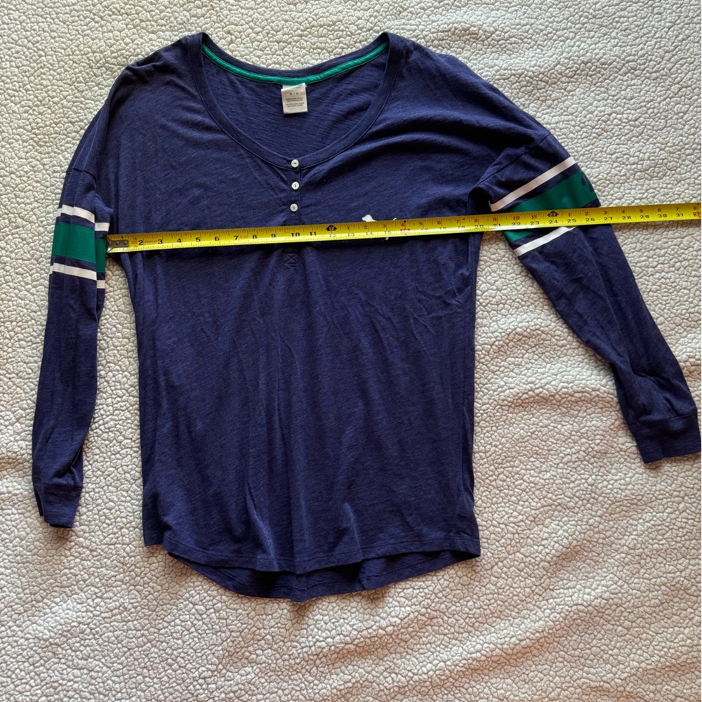 PINK Victoria's Secret Blue Henley style Shirt with Green and white Trim